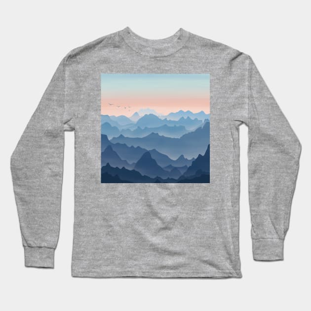 Blue and Orange Rocky Hills Landscape Digital Illustration Long Sleeve T-Shirt by AlmightyClaire